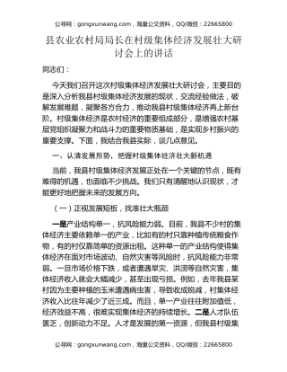 县农业农村局局长在村级集体经济发展壮大研讨会上的讲话
