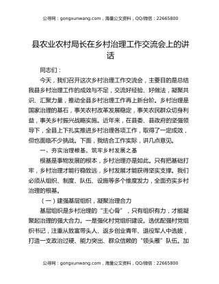县农业农村局长在乡村治理工作交流会上的讲话