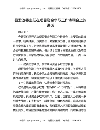 县发改委主任在项目资金争取工作协调会上的讲话
