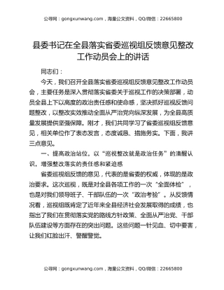 县委书记在全县落实省委巡视组反馈意见整改工作动员会上的讲话