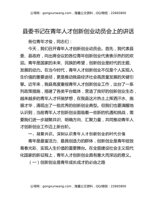 县委书记在青年人才创新创业动员会上的讲话