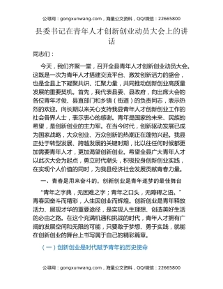 县委书记在青年人才创新创业动员大会上的讲话 (2)