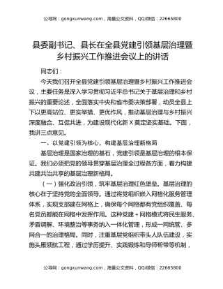 县委副书记、县长在全县党建引领基层治理暨乡村振兴工作推进会议上的讲话