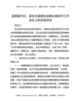 县委副书记、县长在县委全会暨全县经济工作会议上的总结讲话