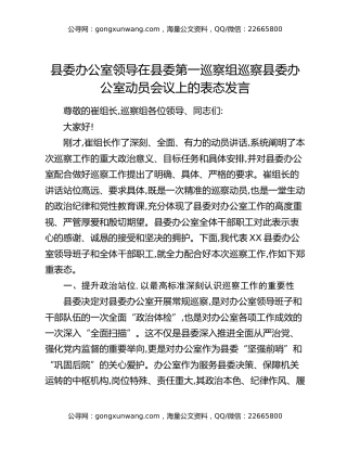 县委办公室领导在县委第一巡察组巡察县委办公室动员会议上的表态发言