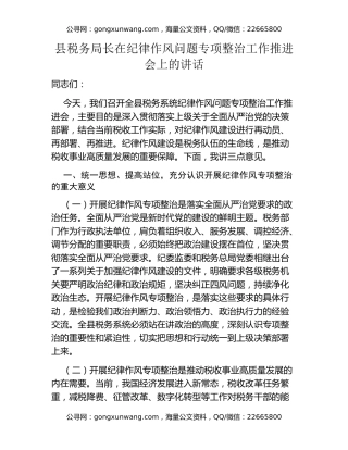 县税务局长在纪律作风问题专项整治工作推进会上的讲话