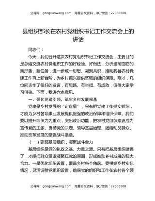 县组织部长在农村党组织书记工作交流会上的讲话