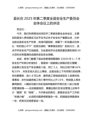 县长在2025年第二季度全县安全生产委员会全体会议上的讲话