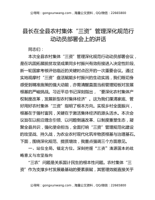 县长在全县农村集体“三资”管理深化规范行动动员部署会上的讲话