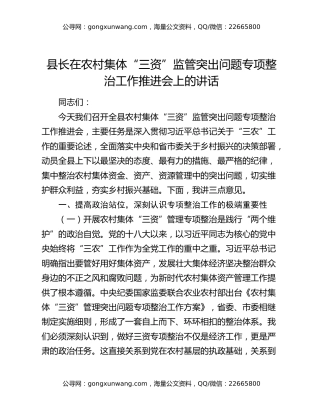 县长在农村集体“三资”监管突出问题专项整治工作推进会上的讲话