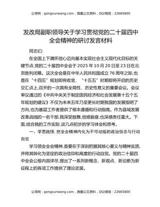 发改局副职领导关于学习贯彻党的二十届四中全会精神的研讨发言材料