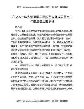 在2025年乡镇巩固拓展脱贫攻坚成果重点工作推进会上的讲话