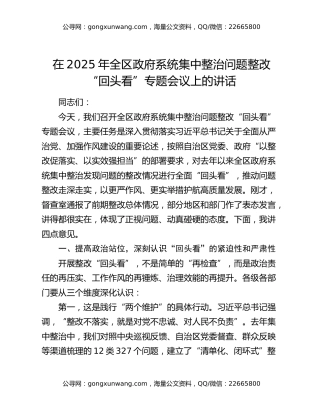 在2025年全区政府系统集中整治问题整改“回头看”专题会议上的讲话
