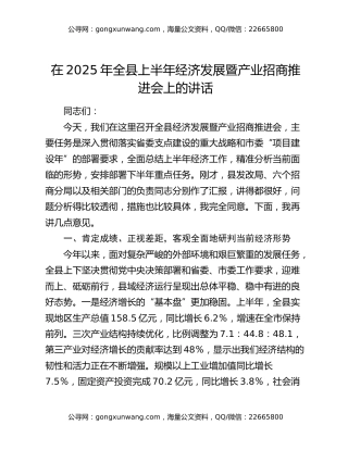在2025年全县上半年经济发展暨产业招商推进会上的讲话