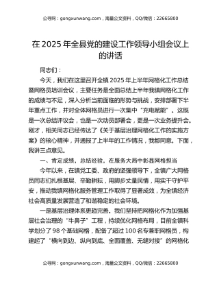 在2025年全县党的建设工作领导小组会议上的讲话
