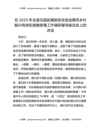 在2025年全县巩固拓展脱贫攻坚成果同乡村振兴有效衔接暨禁毒工作调研督导座谈会上的讲话