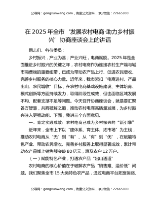 在2025年全市‘发展农村电商·助力乡村振兴’协商座谈会上的讲话