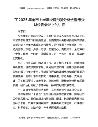 在2025年全市上半年经济形势分析会暨市委财经委会议上的讲话
