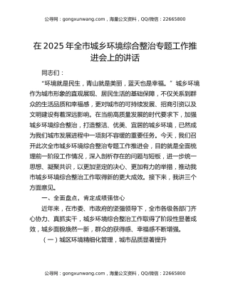在2025年全市城乡环境综合整治专题工作推进会上的讲话