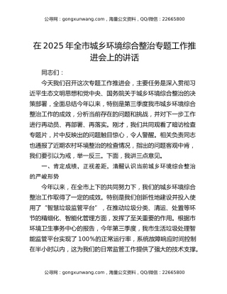在2025年全市城乡环境综合整治专题工作推进会上的讲话（2）