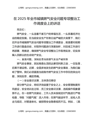 在2025年全市城镇燃气安全问题专项整治工作调度会上的讲话