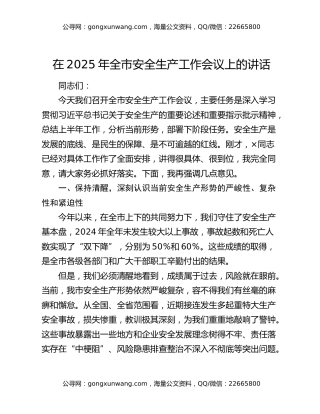 在2025年全市安全生产工作会议上的讲话