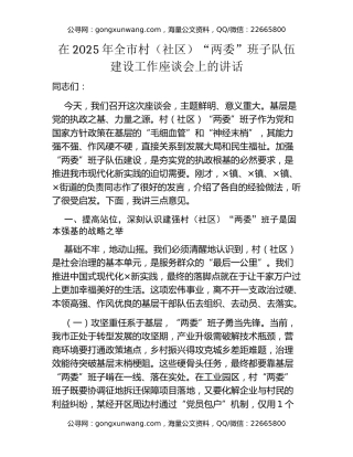 在2025年全市村（社区）“两委”班子队伍建设工作座谈会上的讲话