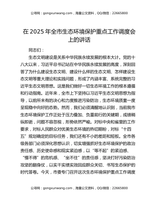 在2025年全市生态环境保护重点工作调度会上的讲话