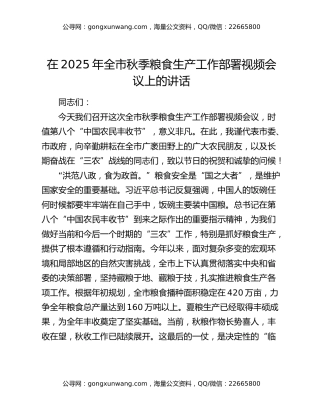 在2025年全市秋季粮食生产工作部署视频会议上的讲话