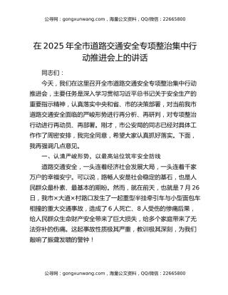 在2025年全市道路交通安全专项整治集中行动推进会上的讲话