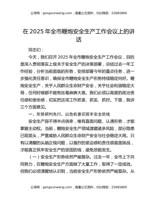 在2025年全市鞭炮安全生产工作会议上的讲话