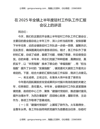 在2025年全镇上半年度驻村工作队工作汇报会议上的讲话