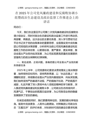在2025年公司党风廉政建设和反腐败协调小组暨政治生态建设及政治监督工作推进会上的讲话