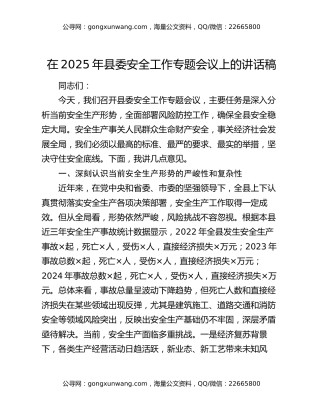 在2025年县委安全工作专题会议上的讲话稿（2）