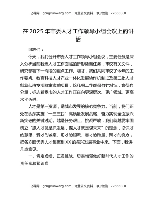 在2025年市委人才工作领导小组会议上的讲话