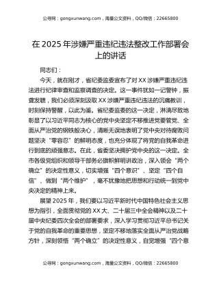在2025年涉嫌严重违纪违法整改工作部署会上的讲话