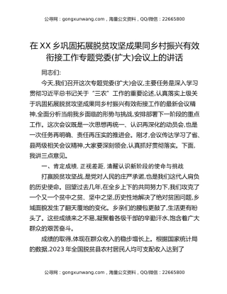 在XX乡巩固拓展脱贫攻坚成果同乡村振兴有效衔接工作专题党委(扩大)会议上的讲话