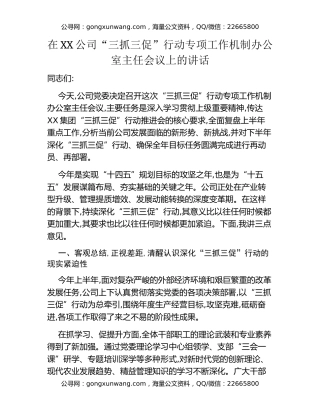 在XX公司“三抓三促”行动专项工作机制办公室主任会议上的讲话