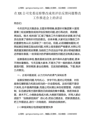 在XX公司党委巡察整改成效评估反馈问题整改工作推进会上的讲话