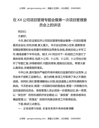 在XX公司项目管理专题会暨第一次项目管理委员会上的讲话