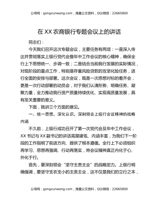 在XX农商银行专题会议上的讲话