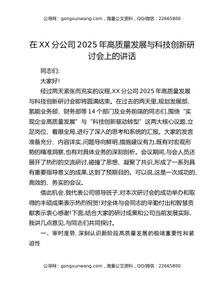 在XX分公司2025年高质量发展与科技创新研讨会上的讲话
