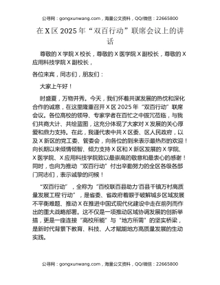 在XX区2025年“双百行动”联席会议上的讲话