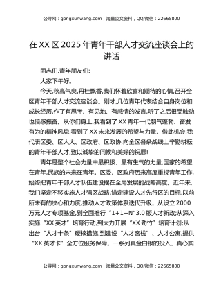 在XX区2025年青年干部人才交流座谈会上的讲话