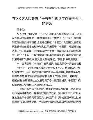在XX区人民政府“十五五”规划工作推进会上的讲话