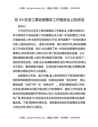 在XX区党工委巡察整改工作推进会上的讲话