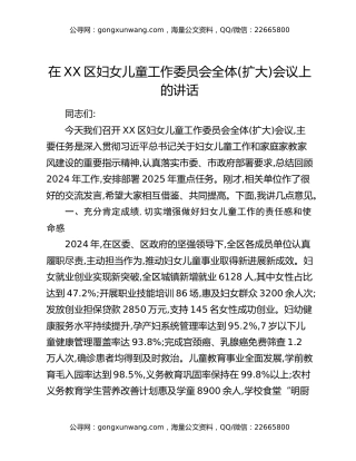 在XX区妇女儿童工作委员会全体（扩大）会议上的讲话
