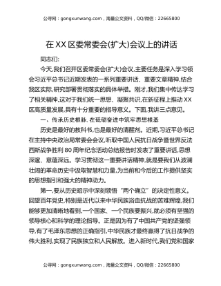在XX区委常委会(扩大)会议上的讲话