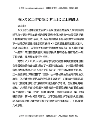 在XX区工作委员会(扩大)会议上的讲话