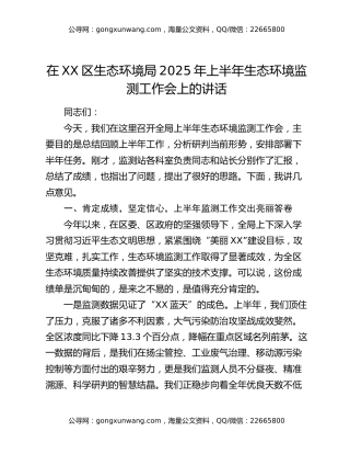 在XX区生态环境局2025年上半年生态环境监测工作会上的讲话